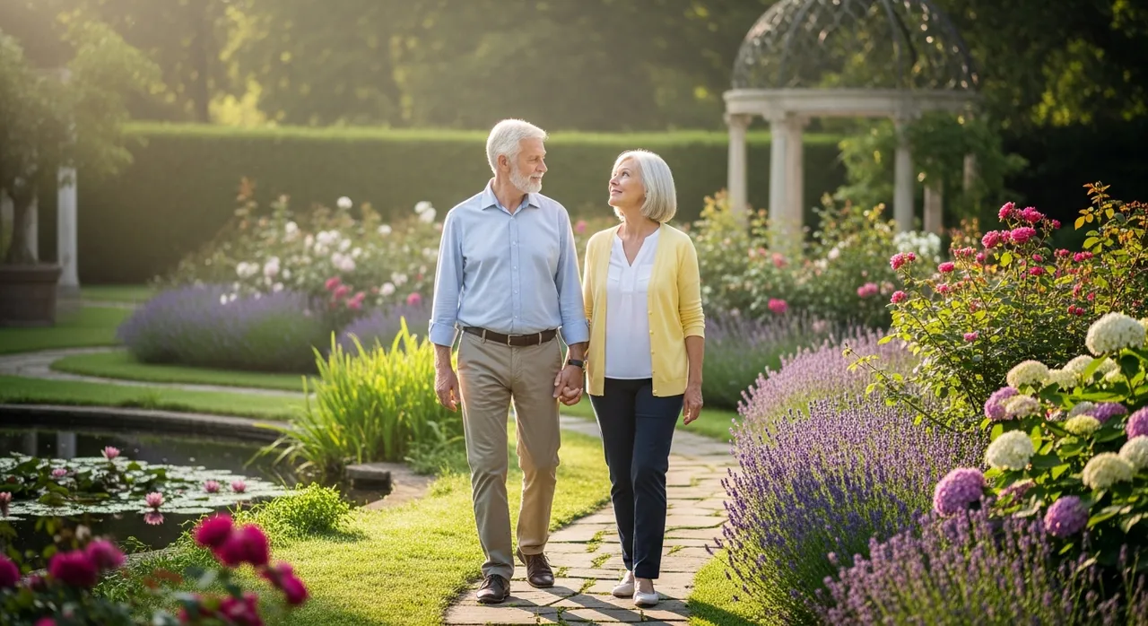 A senior man and woman walking together in a beautiful serene garden