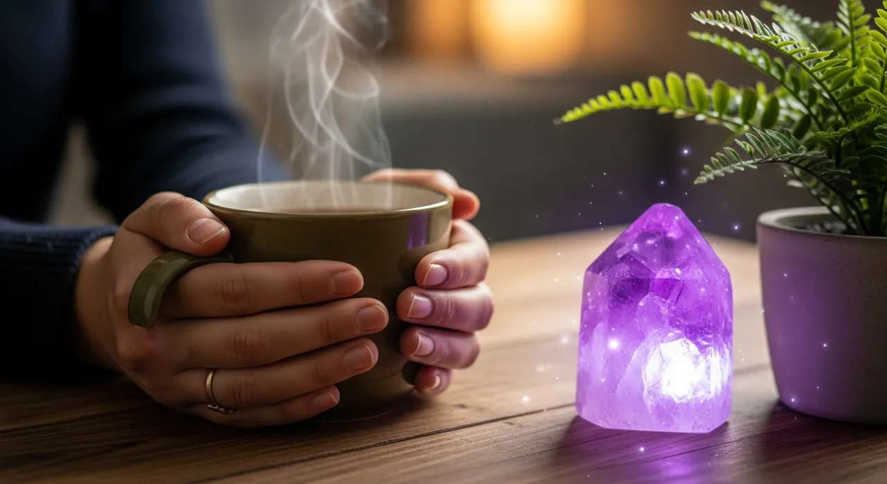 Hands holding a warm mug of tea next to an amethyst crystal
