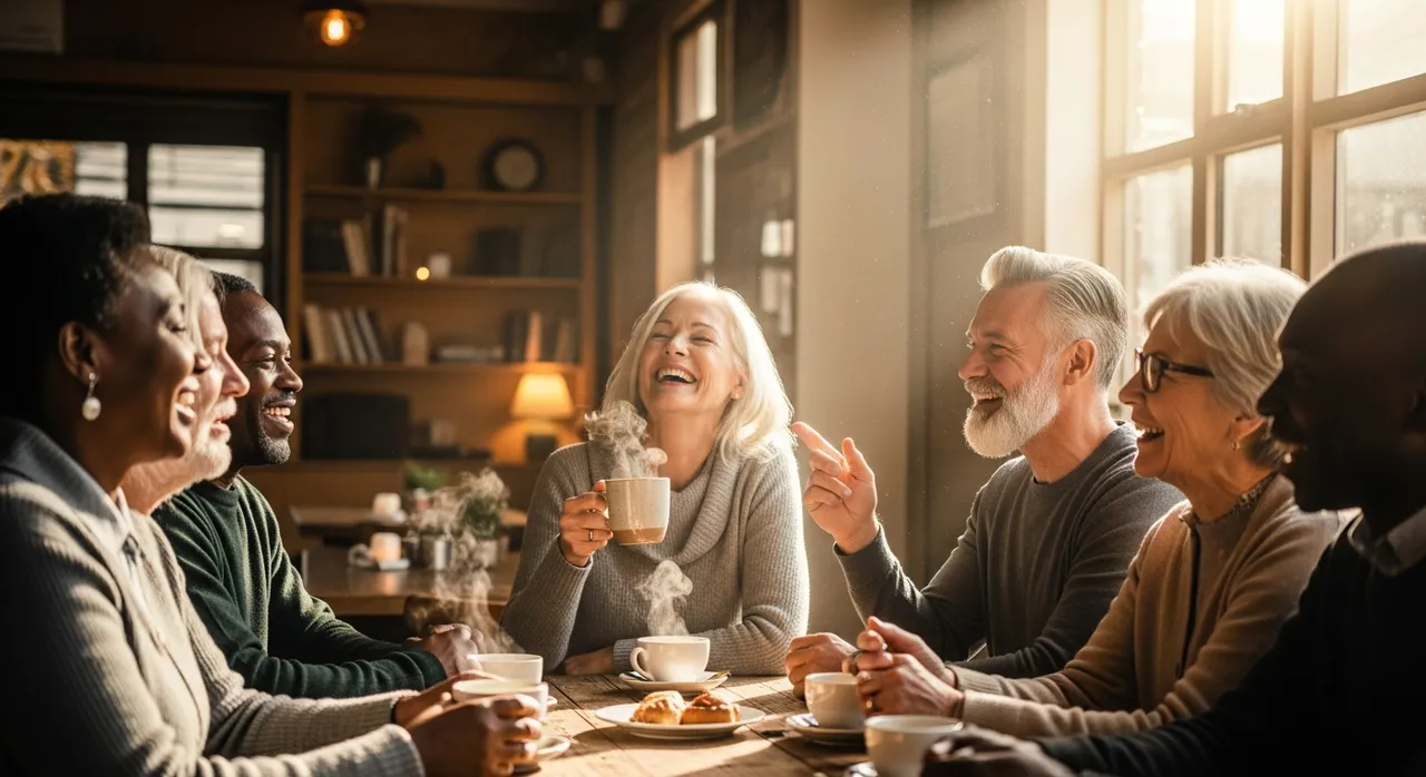 A joyful group of older adults sharing a warm moment in a cozy sunlit cafe
