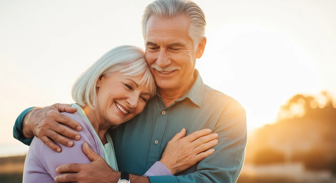 Joyful senior couple hugging